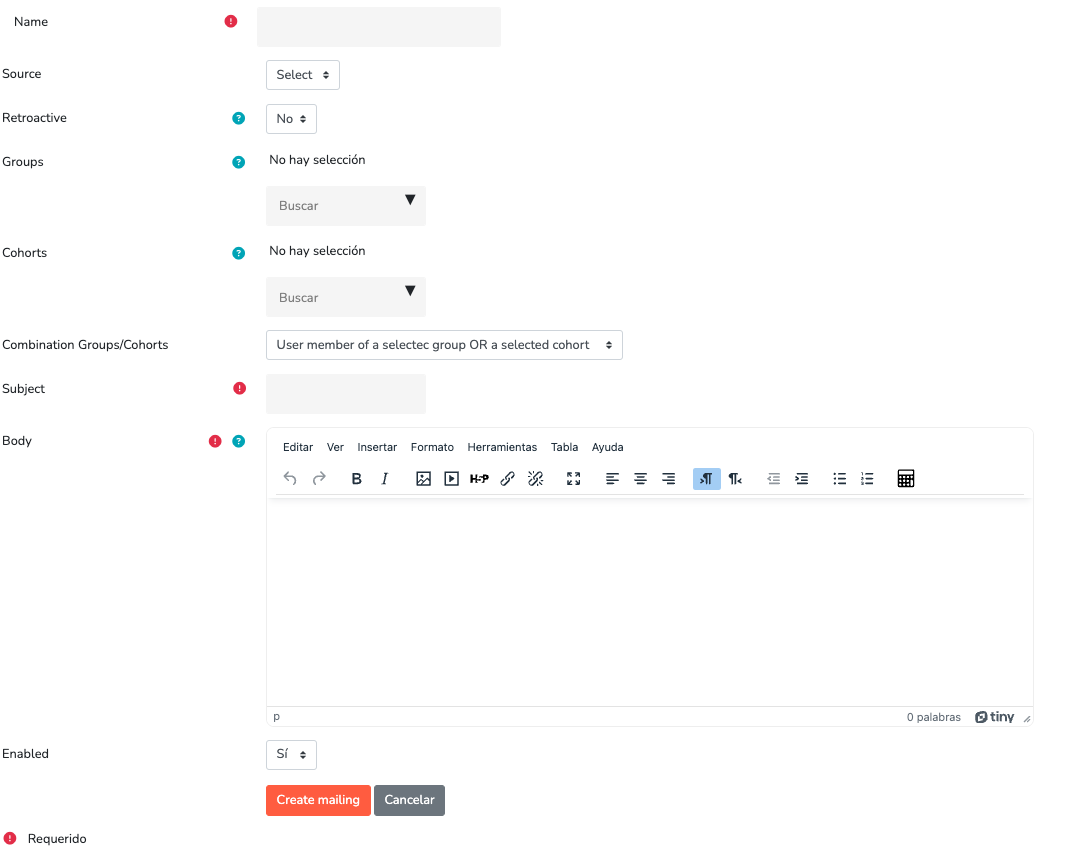 Pantalla de creación de un nuevo mailing