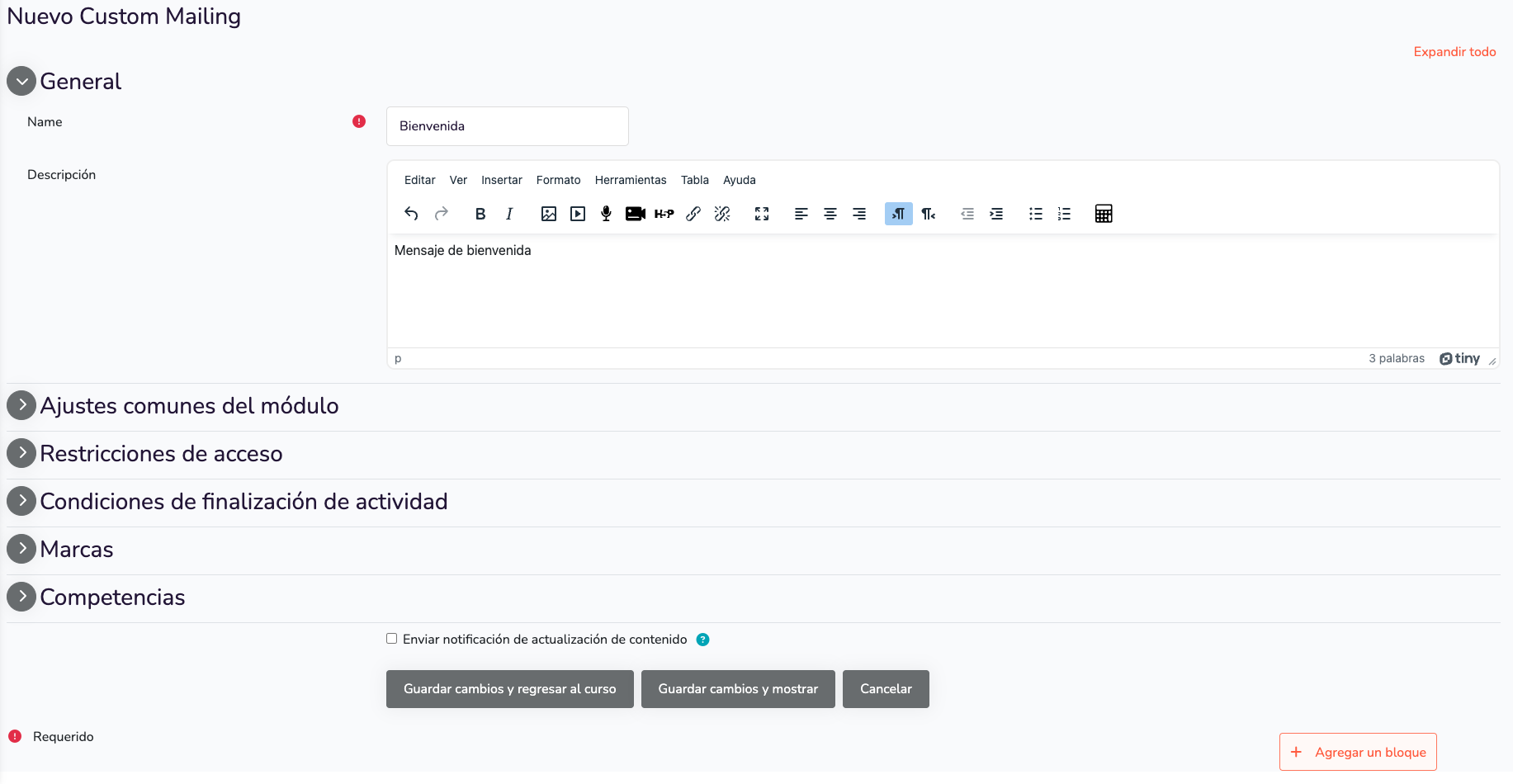 Konfigurationsbildschirm fĂĽr Custom Mailing