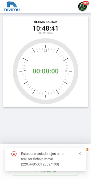 The user is 220 meters from the central point, but the radius is limited to 100 meters, therefore they cannot clock.