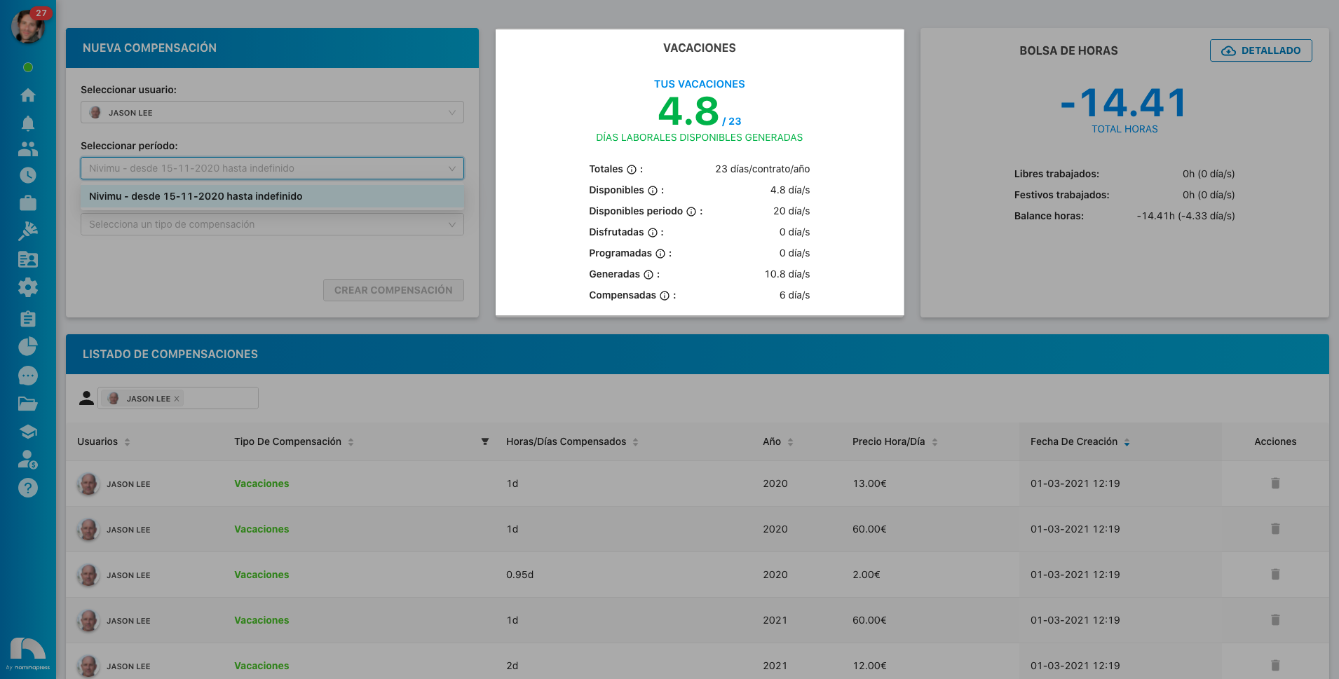 Ver datos compensaciones en informe de vacaciones