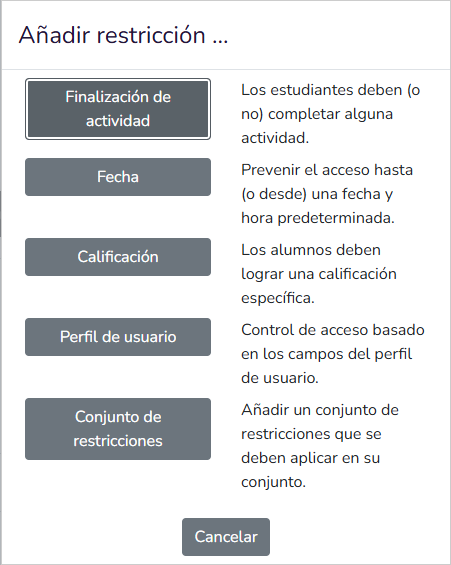 Menú de restricciones